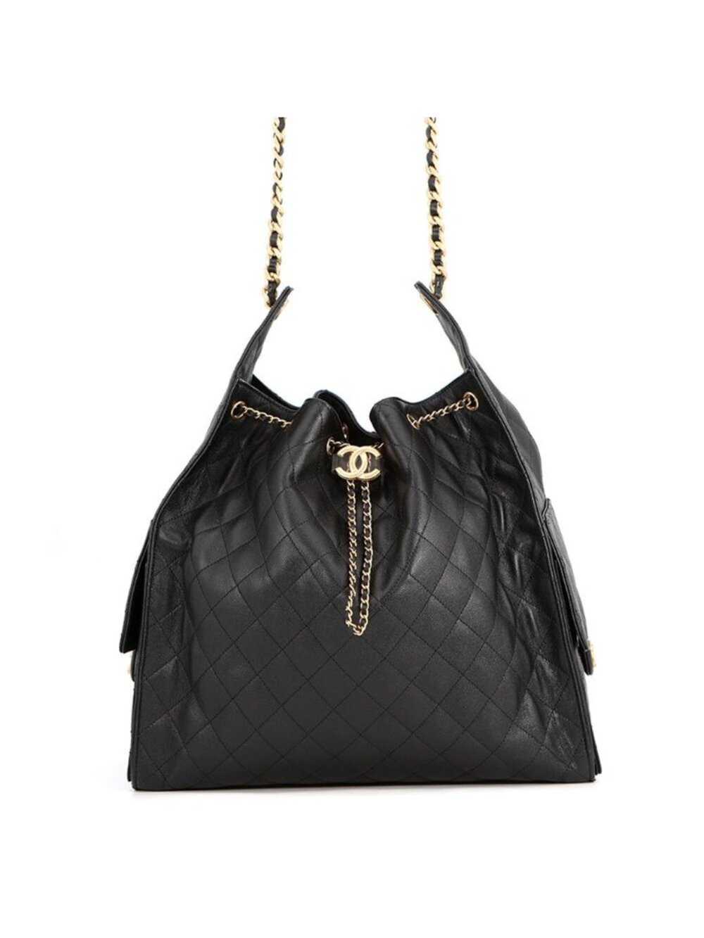 Chanel Chain Shoulder Bag 25 Large CC Logo Quilted Caviar Leather Black